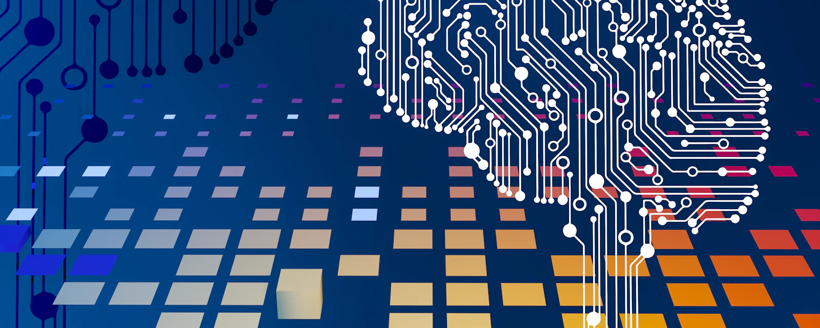A glowing blue brain drawn in circuitry, representing artificial intelligence