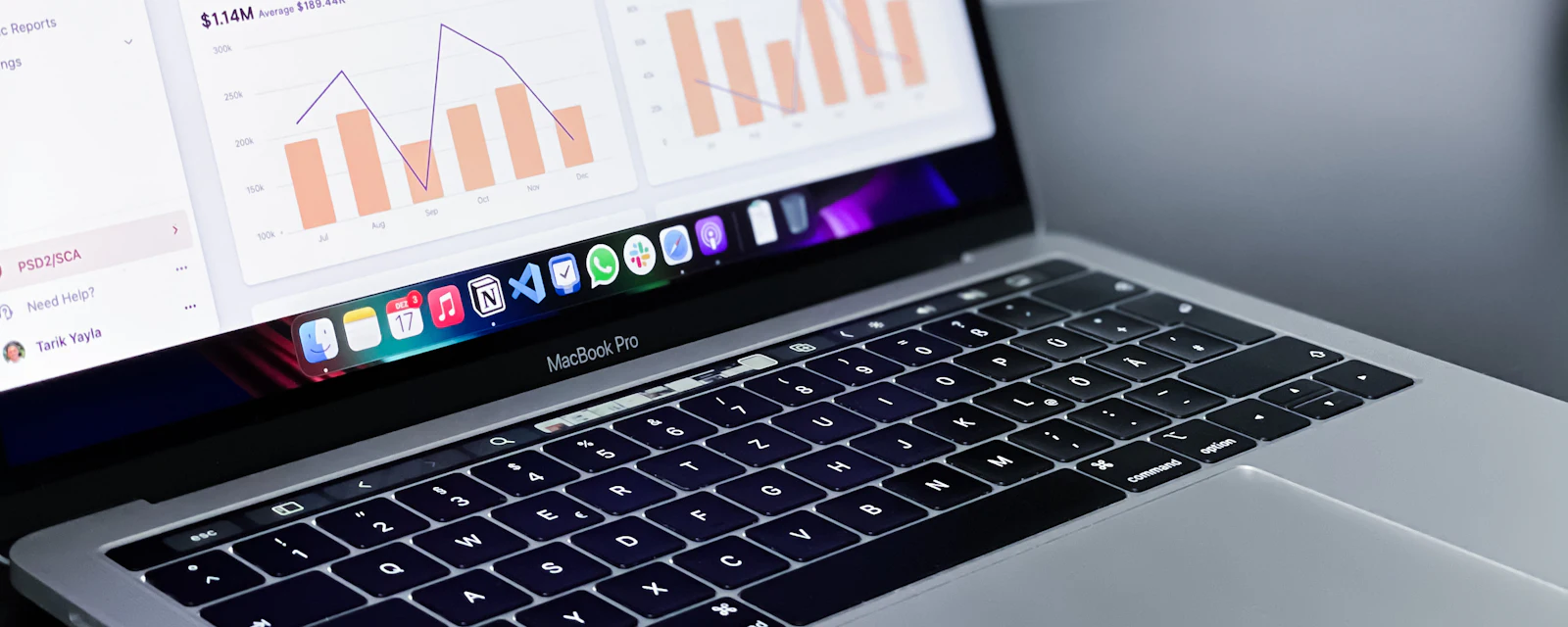 A laptop showing a software analytics dashboard with charts